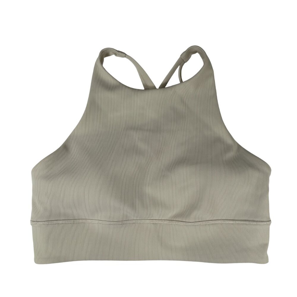 Lululemon High Neck Yoga Sports Bra Ribbed Strappy Racerback Neutral Beige Sz 10
